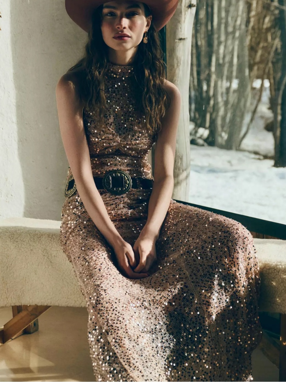 Delfi Collective Avelie Ruched Sequin Dress in Nude
